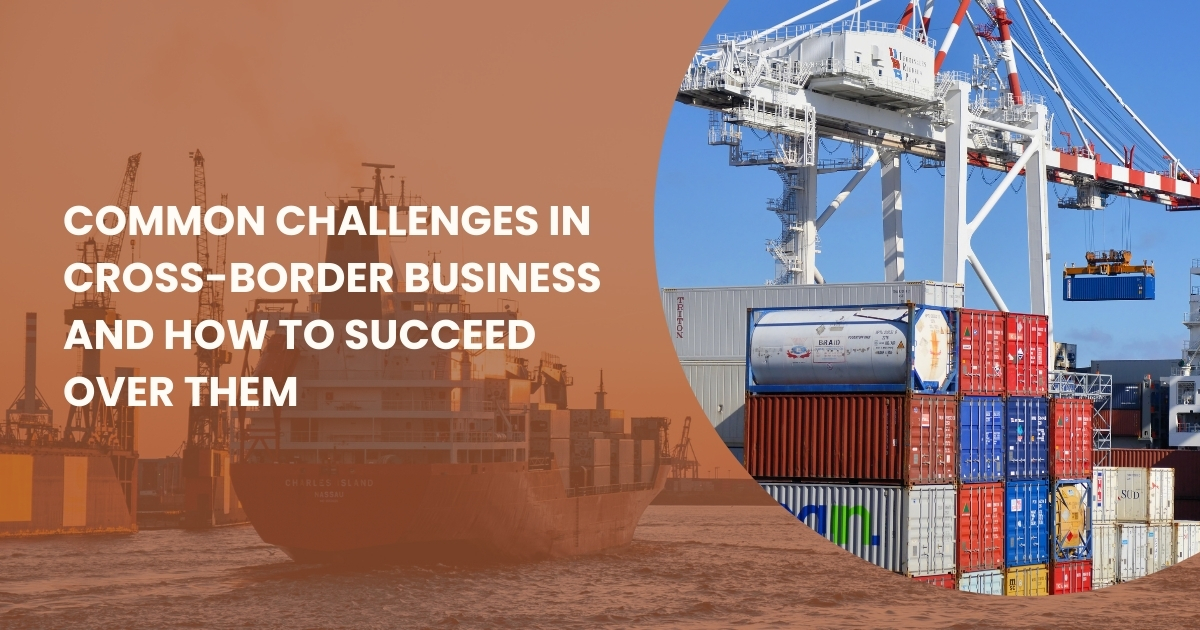 Illustration of global trade challenges and solutions – customs clearance, shipping, compliance, currency exchange, and supply chain management