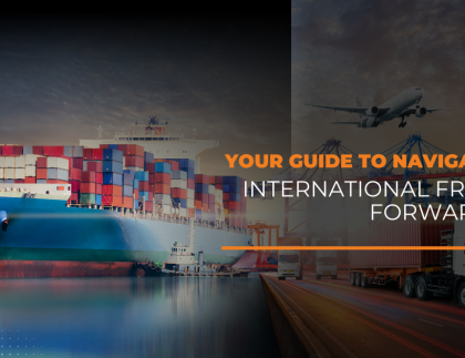 Illustration of global freight forwarding process with cargo ship, airplane, and logistics icons