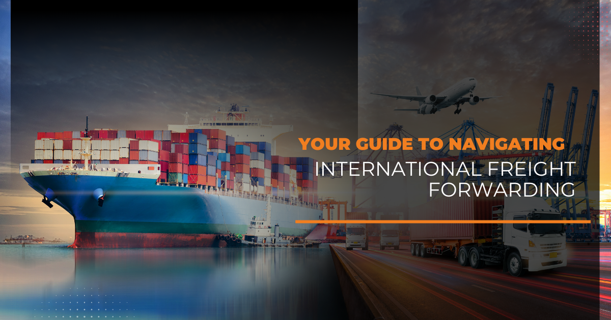 Illustration of global freight forwarding process with cargo ship, airplane, and logistics icons