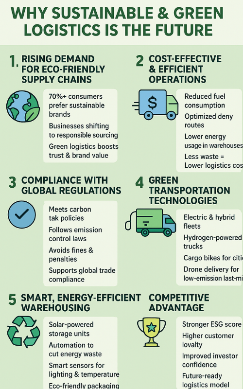Infographic showing key benefits of sustainable and green logistics including reduced emissions, cost savings, smart warehousing, green transportation, and circular supply chain models