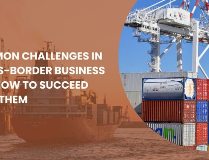 Illustration of global trade challenges and solutions – customs clearance, shipping, compliance, currency exchange, and supply chain management