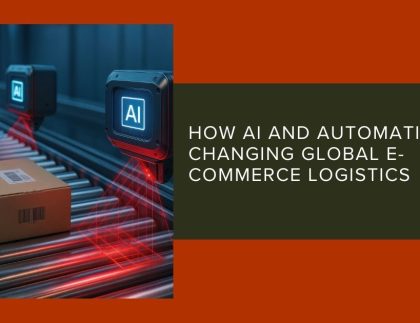 AI and automation transforming global e-commerce logistics with smart warehousing robots, automated tracking, and intelligent delivery systems